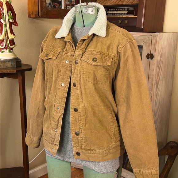 Vintage Y2K Faded Grunge Tan Cotton Corduroy Jacket Sherpa lining Streetwear - Picture 2 of 13